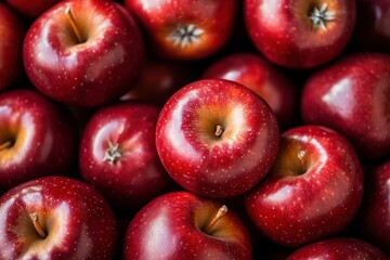 Red apples close-up, harvest abundance, background blur, food photography