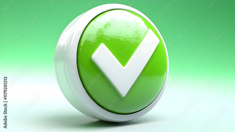 Poster 3d green check mark button on a green and white gradient background shows approval