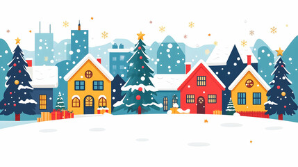 Colorful Winter Village Scene with Snow-Covered Houses and Decorated Christmas Trees