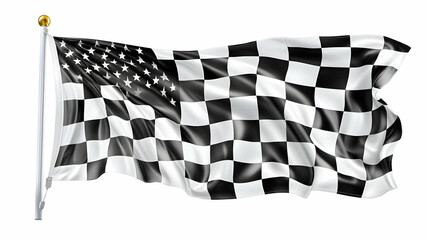Checkered Flag with Stars Waving Proudly in the Wind on White Background.