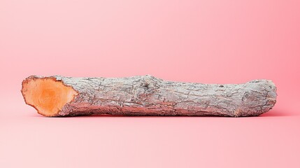 A solitary log rests on a soft pink backdrop, showcasing its rustic texture and natural beauty. The minimalist composition creates a serene and visually appealing image.