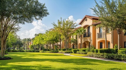 Obraz premium Mediterranean-style apartment buildings with lush landscaping and a grassy lawn.