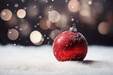 Christmas ball covered with snowflakes resting on the snow with blurred lights in the background,...