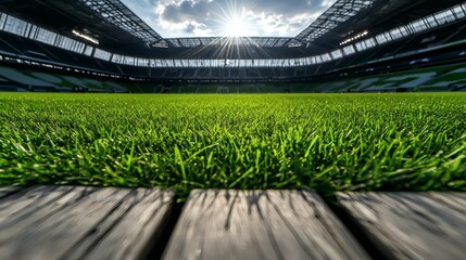 Lush green grass field in a modern stadium with sunlight.
