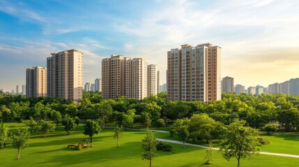 Lush green park with modern high-rise apartment buildings at sunset.