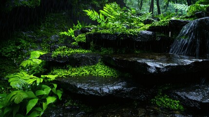 Lush green ferns and moss cover dark rocks beside a small waterfall during a rain shower.