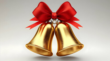 Two Golden Bells Tied with a Red Bow on a Soft Gray Background