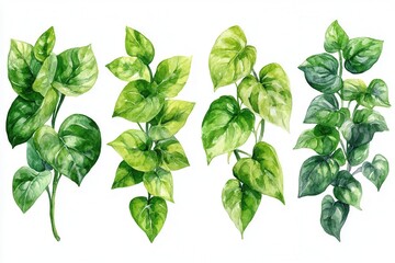 A watercolor illustration of various green leaves, showcasing their shapes and textures.