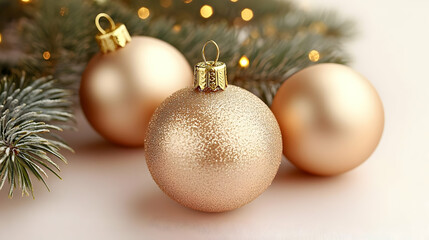 Three Rose Gold Ornaments Rest Elegantly beneath a Lit Christmas Tree Branch
