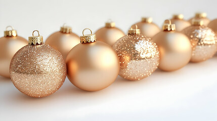 Golden Christmas Ornaments Sparkle and Shine on a White Background, Creating a Festive Holiday Scene.