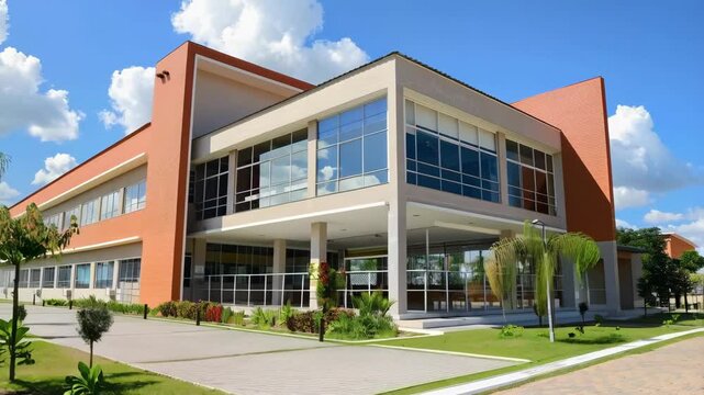 modern yellow school building with green grass and blue sky