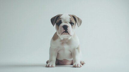 Adorable Bulldog puppy sitting on white background.
