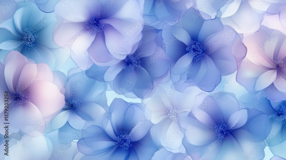 Poster a seamless abstract pattern with glowing blue and purple flowers creating a soft and ethereal atmosp