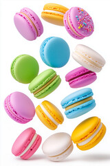 Obraz premium Floating macarons in various pastel colors, isolated on white background.