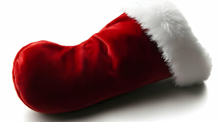 Red Velvet Christmas Stocking Lies Elegantly on White Background, Ready for Holiday Cheer
