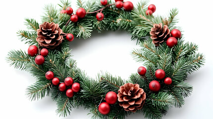 Christmas Wreath Decorated with Pine Cones and Red Ornaments on White Background.