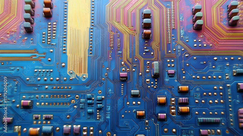 Poster close-up of circuit board shows intricate electronic components and pathways with vibrant colors.