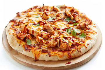 Close-up of a delicious barbecue chicken pizza with fresh toppings and melted cheese