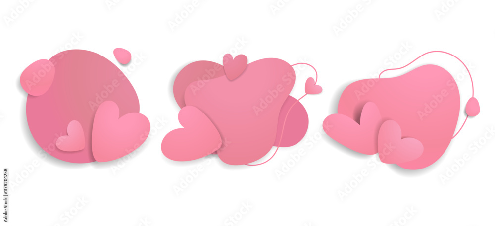 Poster abstract hearts frame elements banners pastel pink color set.3d heart shape frame design paper cut s