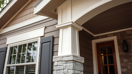 Close-up of a house exterior showcasing a white column base with stone, a taupe-colored siding, white window trim, and a dark brown door.  The image emphasizes architectural details.