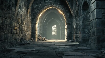 Naklejka premium Dramatic stone hallway leading to a bright exit, framed by ancient arches and worn stone walls.