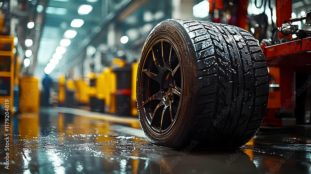 Poster wet tire mounted on alloy wheel rests on factory floor in assembly line after quality check