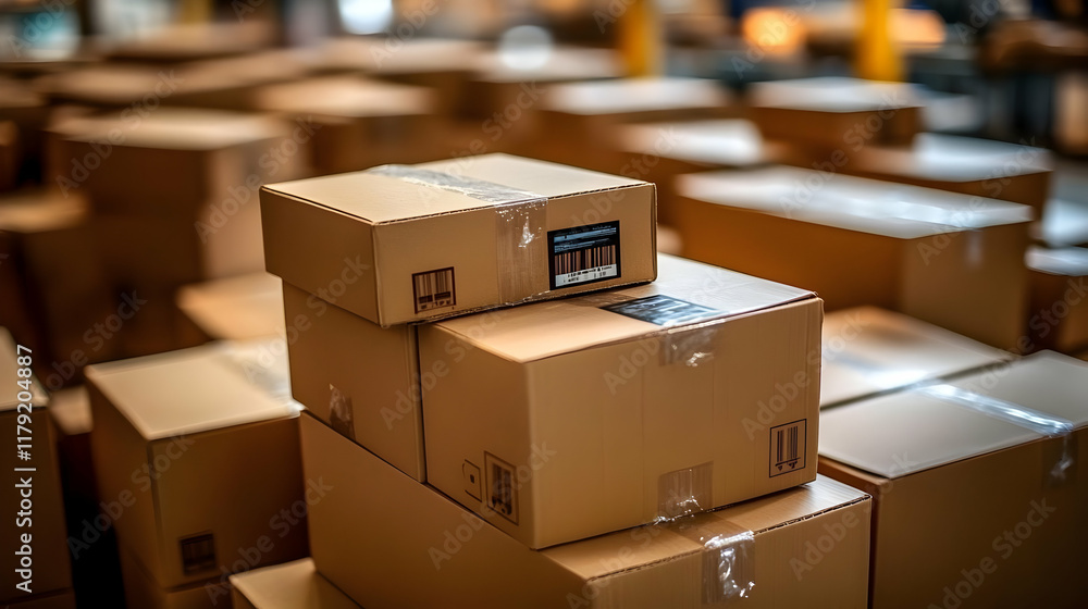 Poster cardboard boxes stacked in warehouse ready for shipping and distribution efficiently