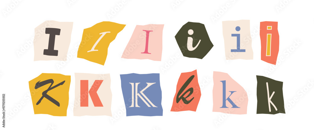 Poster assorted colorful letters i and k in various styles on torn paper shapes, arranged on a white backgr