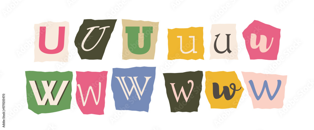 Poster various decorative uppercase and lowercase letters u and w displayed on colorful torn paper backgrou