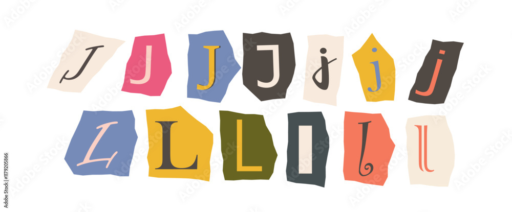 Poster artistic letters j and l in various styles on colorful torn paper shapes, creative composition on a 