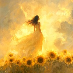 yellow day illustration. woman in yellow dress in a sunflower field with warm and cheerful atmosphere.