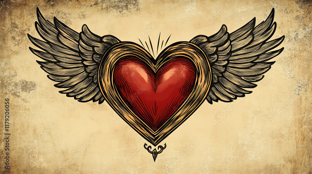 Poster retro color heart with wings for tattoo design. rasterized version also available in gallery