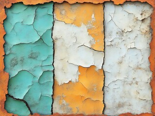 Obraz premium Cracked paint texture in teal, yellow, white.