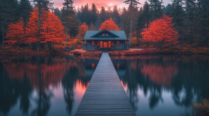 Fototapeta premium Lakeside cabin at sunset with autumn foliage.