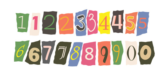 Vibrant hand-drawn numbers on torn paper pieces, arranged in rows on a white background. Creative design representing artistic typography concepts. Vector illustration