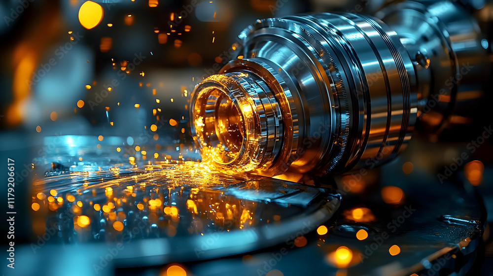 Aufkleber industrial machine processes metal component with sparks in a factory setting with precision and eff