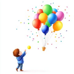 A joyful child reaches for colorful balloons floating above, surrounded by confetti, capturing a moment of wonder and celebration.