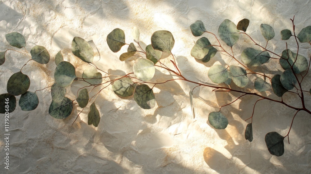 Canvas Prints Sunlit eucalyptus branch on textured background.