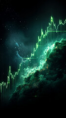 stock graph going up, graphic, black background, neon green stock line