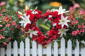 Beautiful Heart-Shaped Floral Arrangement with Red Roses and White Lilies on White Picket Fence, Ideal for Valentine's Day Celebrations and Romantic Decor