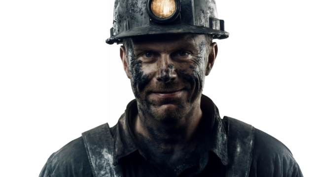 A coal mine worker with a dirty appearance and a smile isolated on a transparent background, PNG