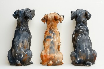 Obraz premium Three stylized dog silhouettes in watercolor style, showcasing different fur patterns.