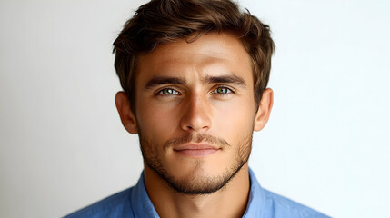 Fototapeta premium Portrait of a Young Man with Green Eyes and a Light Blue Shirt Against a White Background