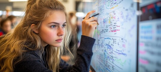 Focused Female Student In Busy Classroom Setting With Whiteboard, Learning, Problem-Solving