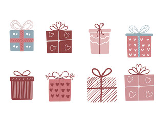 gift boxes set with hearts, ribbons, and stars. Perfect for celebrations and holidays