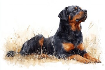 A watercolor illustration of a Rottweiler lying in a grassy area, showcasing its features.