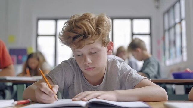 sad student boy writing exam in modern bright university with book