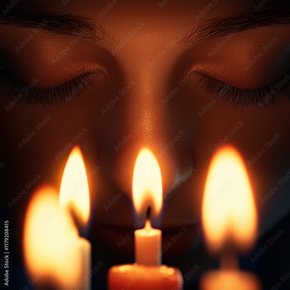 Poster a serene close-up of a person's face illuminated by the warm glow of candles, creating a tranquil an