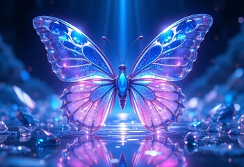 Luminous Crystal Butterfly Reflecting on Still Water