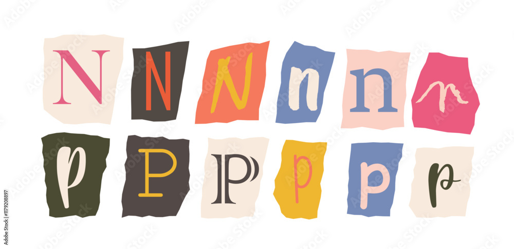 Poster stylized letters n and p displayed in various fonts on torn paper backgrounds in assorted colors. cr